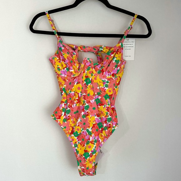 NWT For Love & Lemons‎ XS Floral Zinnia Print Tie Back One Piece Swimsuit Cheeky - Picture 3 of 11